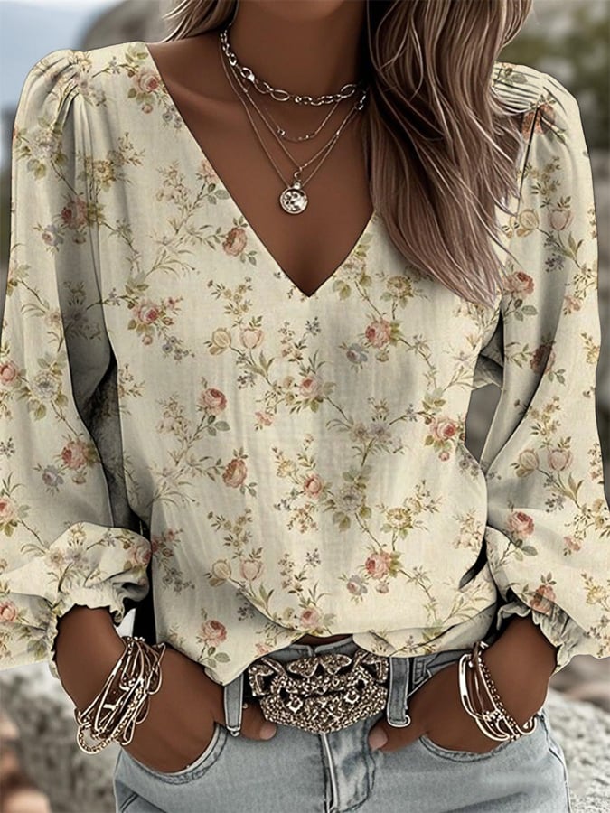 Women's Western Floral Casual V-Neck Top