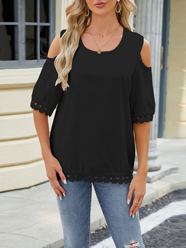 Solid Color Split-Joint Tasseled Loose Short Sleeves Cold Shoulder T-Shirts Tops
