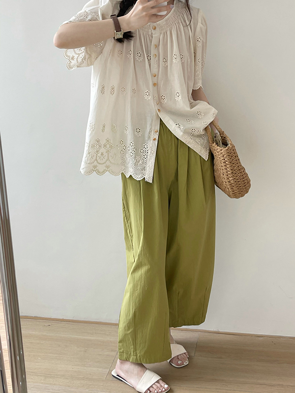 Elasticity Pleated Solid Color Split-Joint High Waisted Loose Trousers Pants