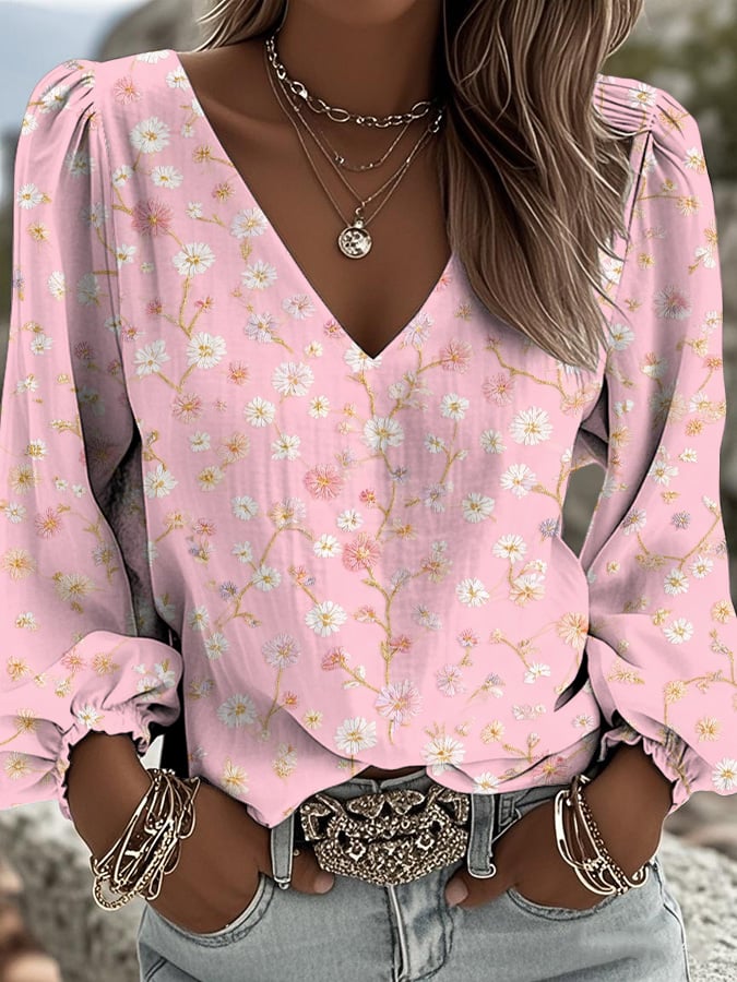 Women's Casual Pink Floral Print Long-Sleeved Top- Fast Shipping