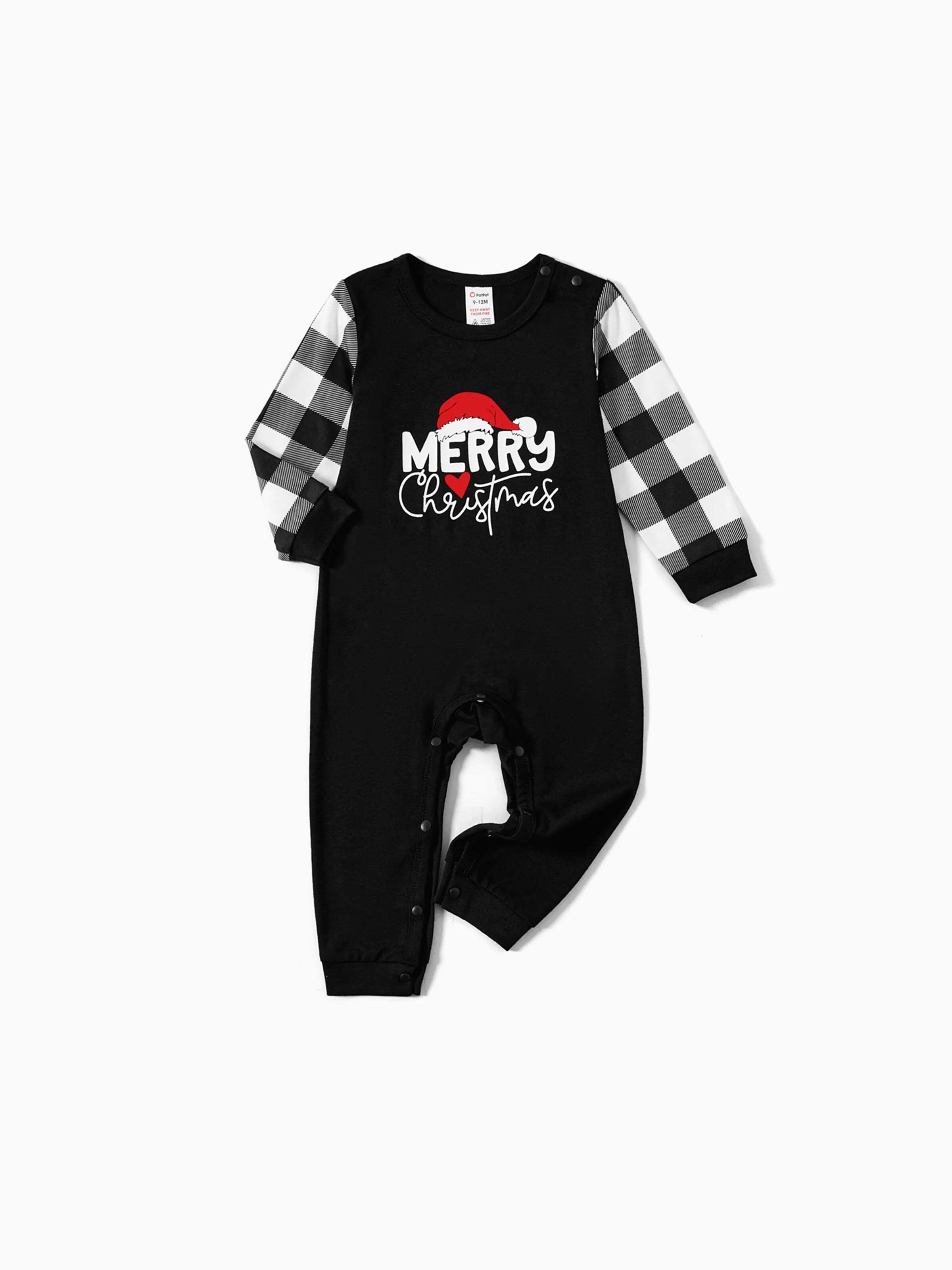 Christmas Family Matching Glow In The Dark Letters Print Long-sleeve Pajamas Sets with Christmas Socks Black+White