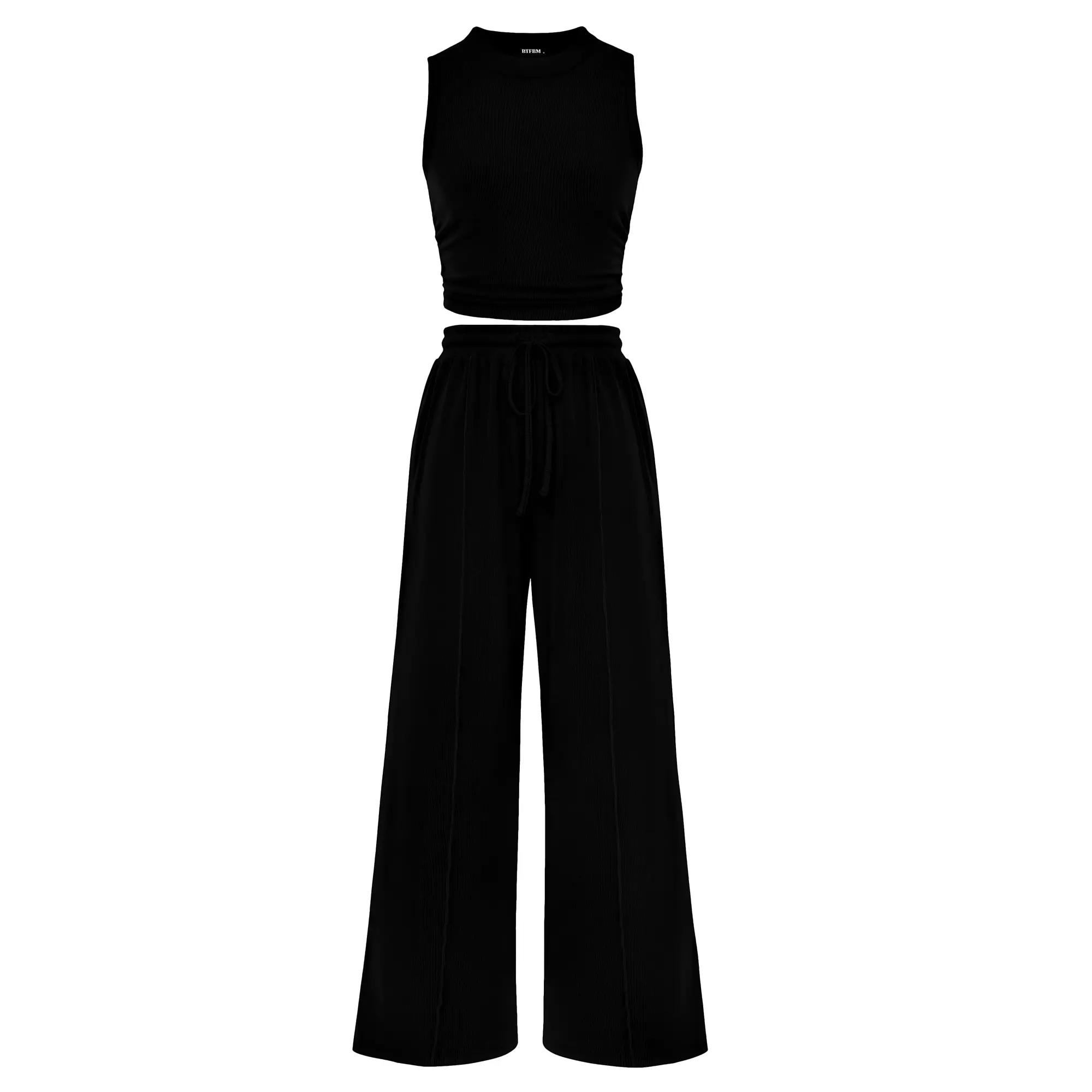 Women's Summer 2-Piece Outfits - Ribbed Knit Crew Neck Sleeveless Cropped Top & Wide Leg Pants Lounge Set