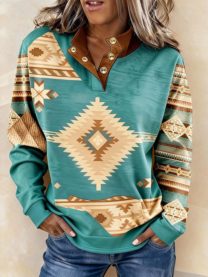 Women'S Casual Color Block Printed Pullover Sweatshirt