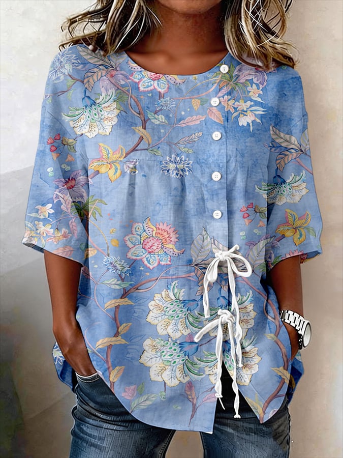 Women's Retro Floral Button Lace Up Tie Shirt- Fast Shipping