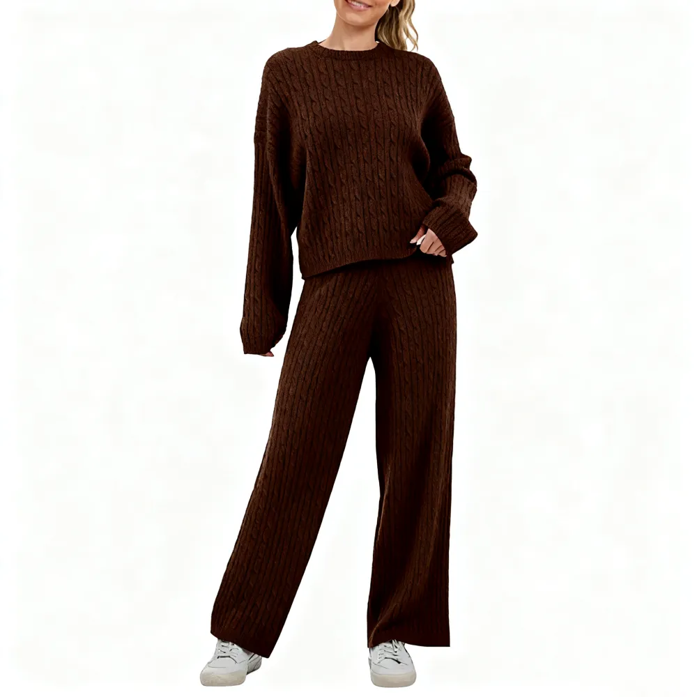Women's Cable KnitBLACK FRIDAYSweater Lounge Set-Long Sleeve Pullover Top &High-Waisted Wide Leg Pants, Cozy 2-PieceOutfit for Fall & Winter