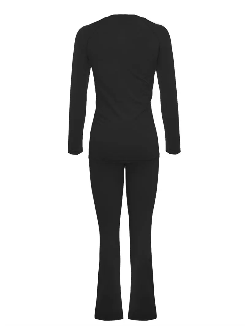 Women's Fashion New Round Neck Solid Color Patch Long Sleeve Top & Pants Set, Two-Piece for Casual Wear