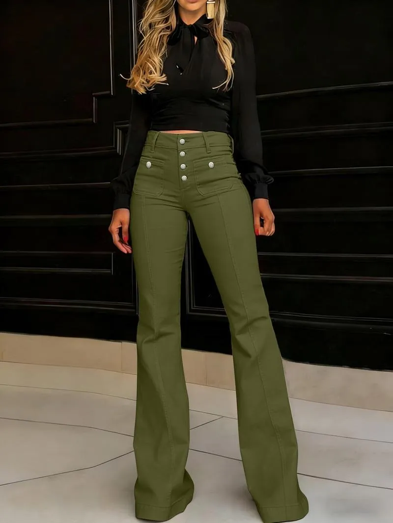 Women's Plain Button Pocket Flare Leg Jeans, Casual Bell Bottom Trousers for Daily Wear
