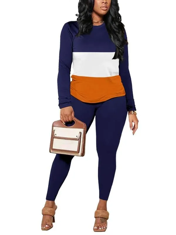 Two-Piece Set Women's Striped Print Long Sleeve Tee & Skinny Pants Set