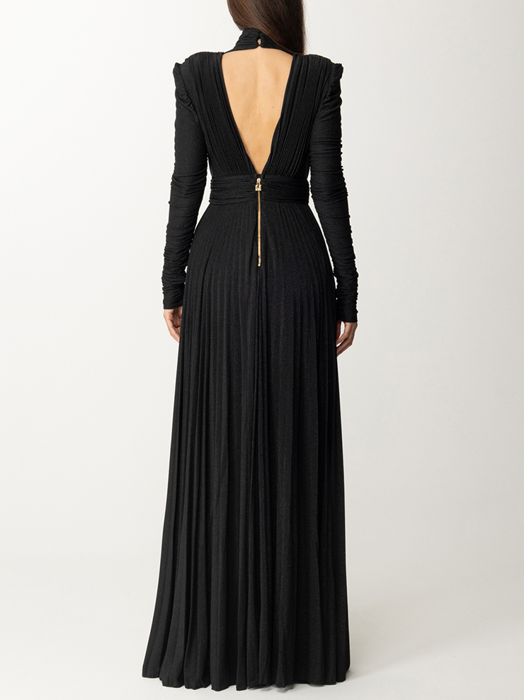 Long Sleeves Pleated Solid Color Split-Side V-Back High-Neck Evening Dresses Maxi Dresses