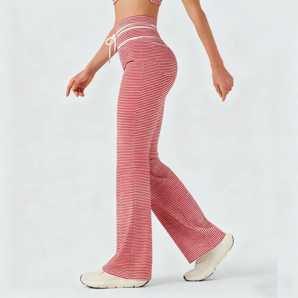 High Waisted Drawstring Stripe Flare Yoga Pants with Pockets