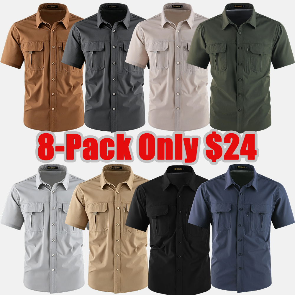 Men's American-Style Solid Color Shirt with Hidden Ventilation Holes Casual Summer Beach Nylon Shirt High-Quality Fabric Short Sleeves Button Closures