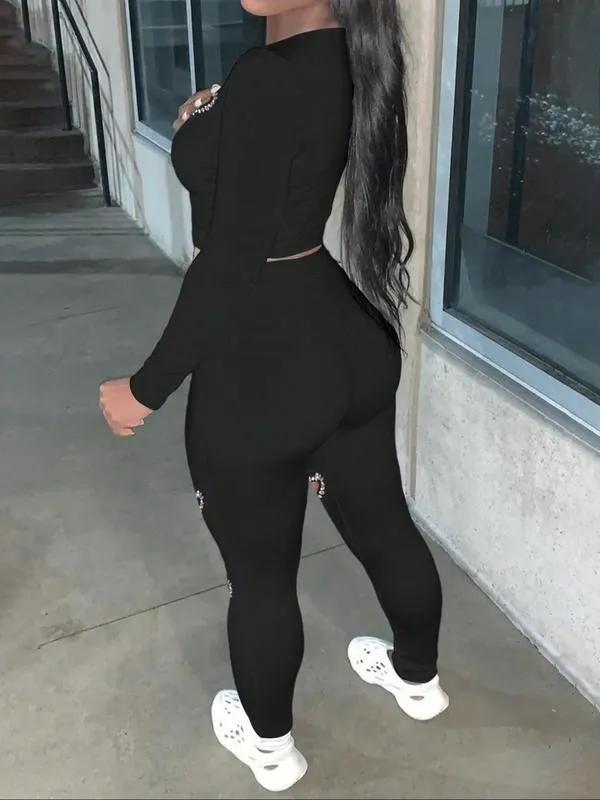 Two-Piece Set Women's Rhinestone Heart Decor Cut Out Crop Top & Skinny Pants Set