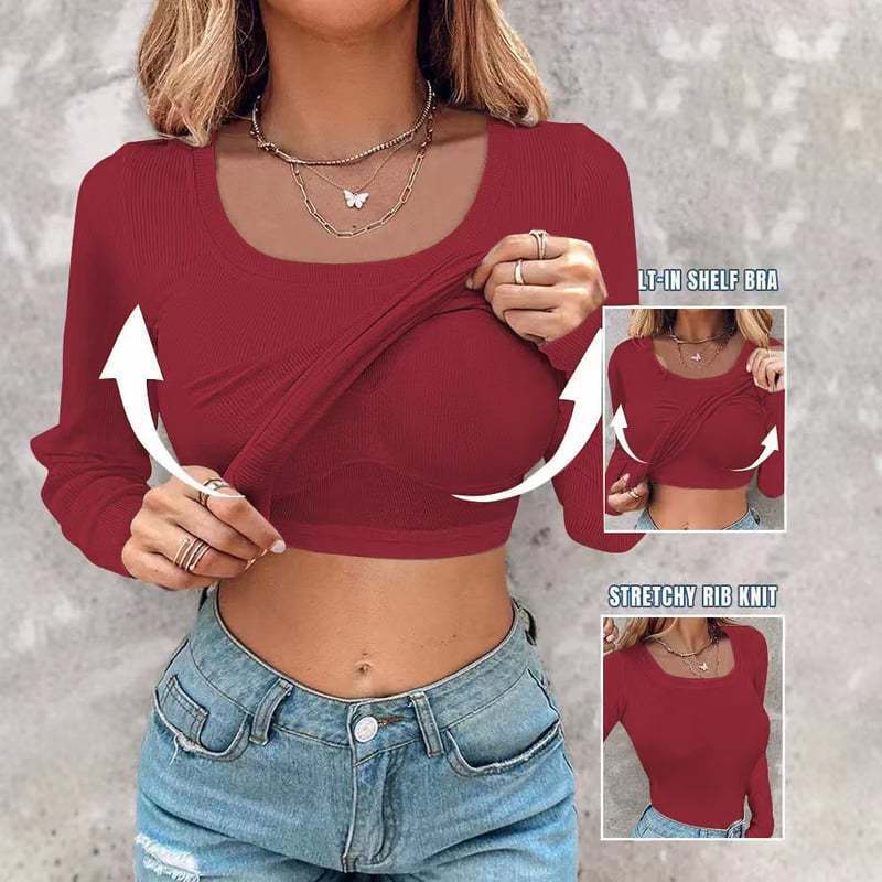 🍂🔥Womens U-Neck Built-in Bra Long Sleeve Ribbed Top Shirts Elegant Skinny Fit Fabric