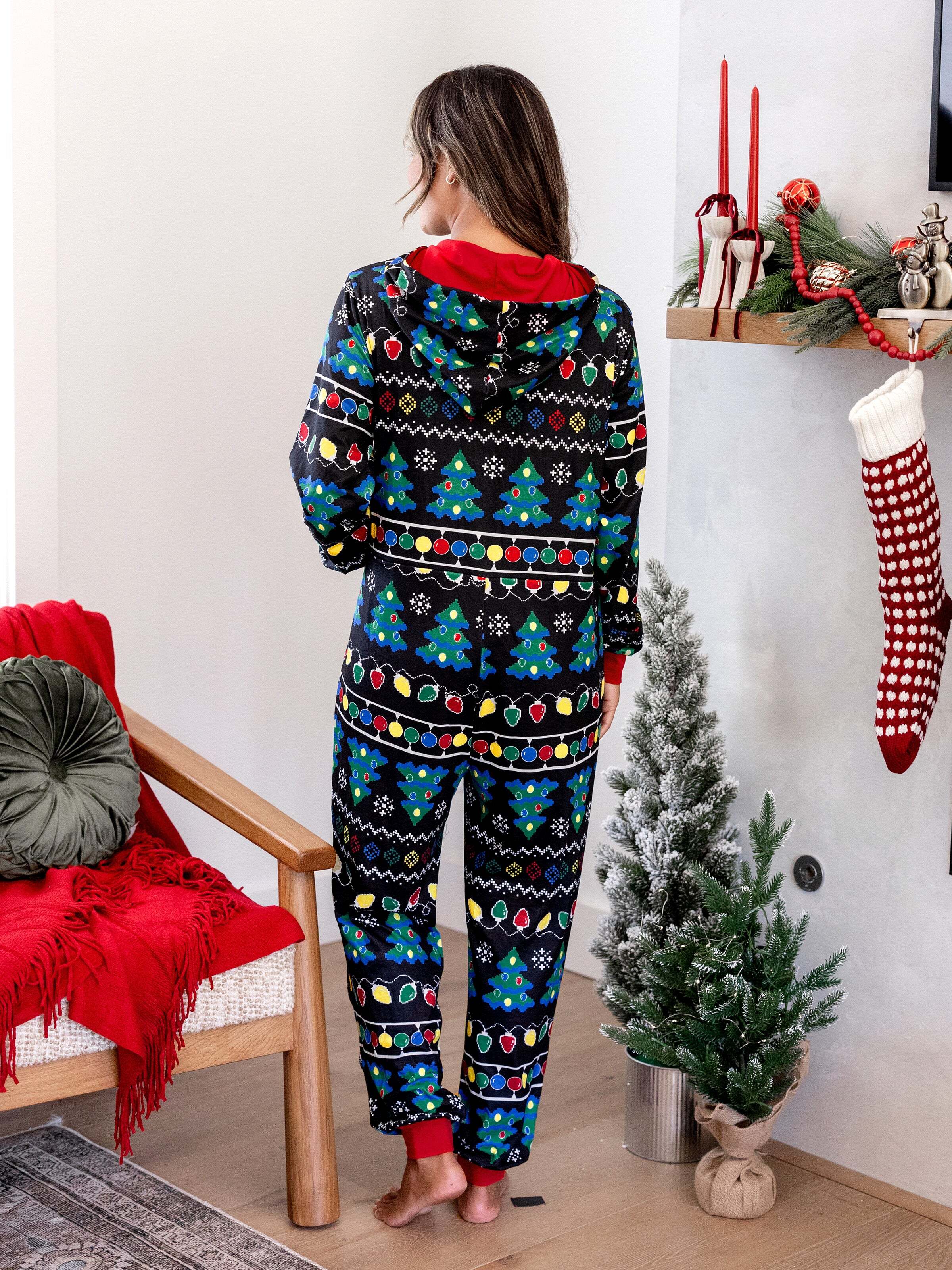 Christmas Onesies Matching Family Pajamas Set Christmas Tree Print PJS with Christmas Socks Black