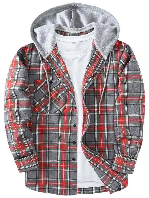 Men's Plaid Print Button Front Drawstring Hooded Shirt, Regular Fit Casual Pocket Long Sleeve Outerwear
