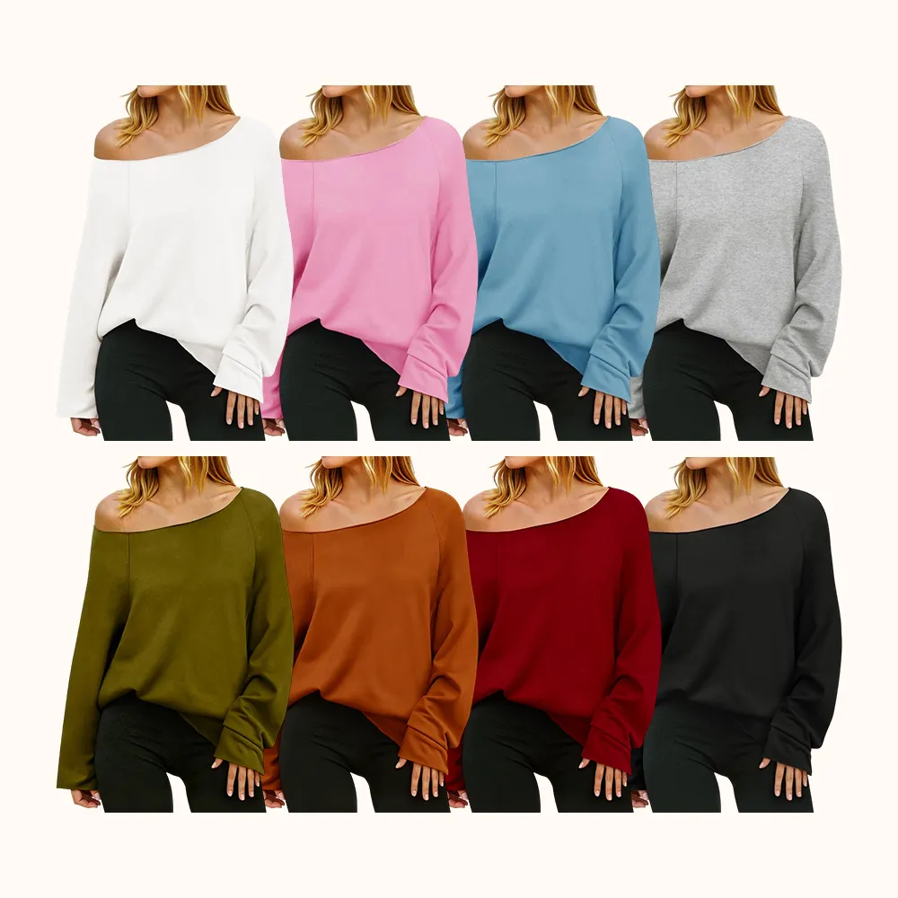 Womens Off the Shoulder Sweatshirts Wide Neckline Oversized Pullovers Long Sleeve