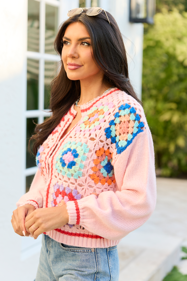 Emmie Pink Crochet Open Cardigan