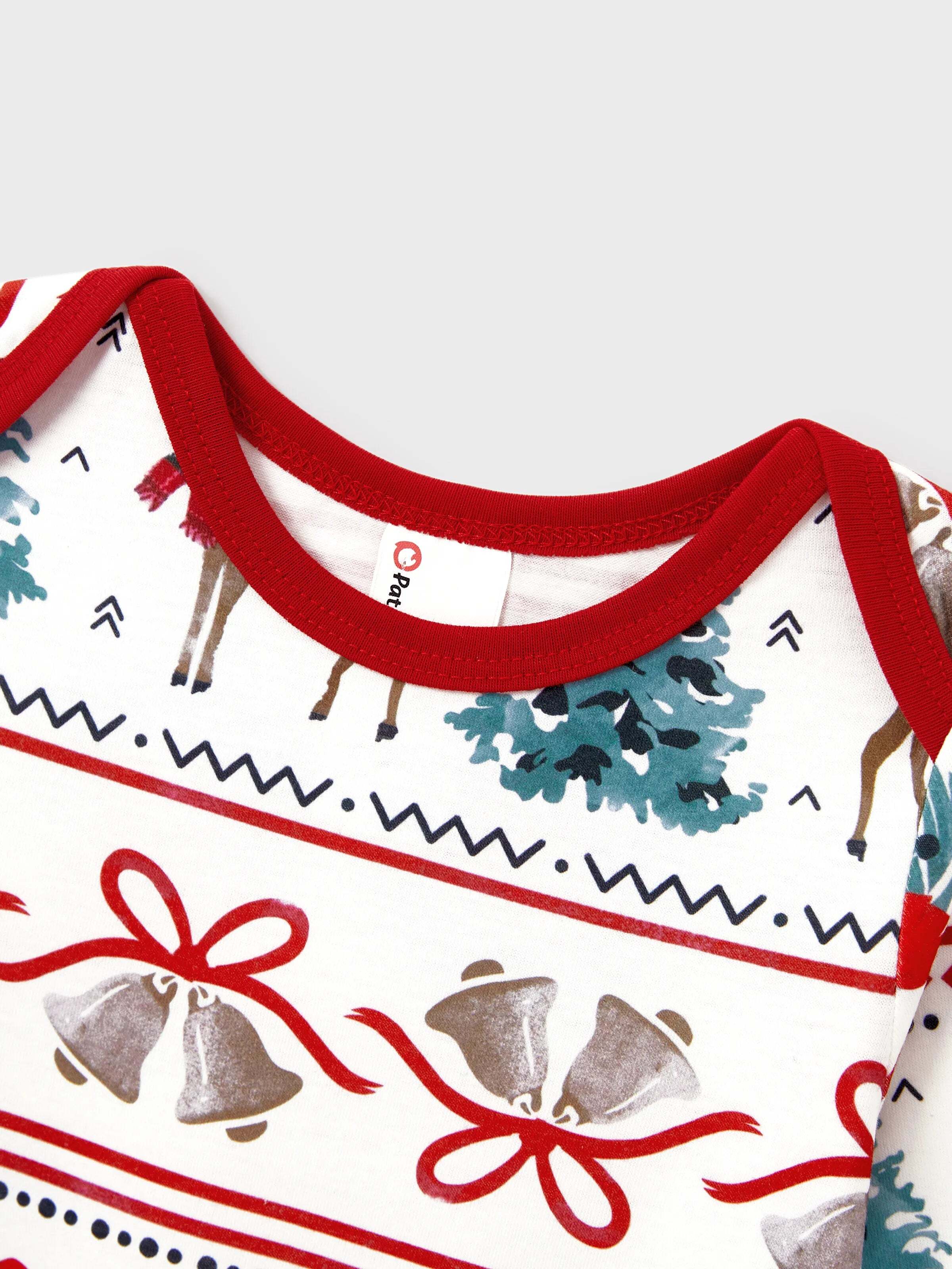 Christmas Matching Family Pajamas Set Christmas Elk and Bell Print Striped PJS with Christmas Socks White