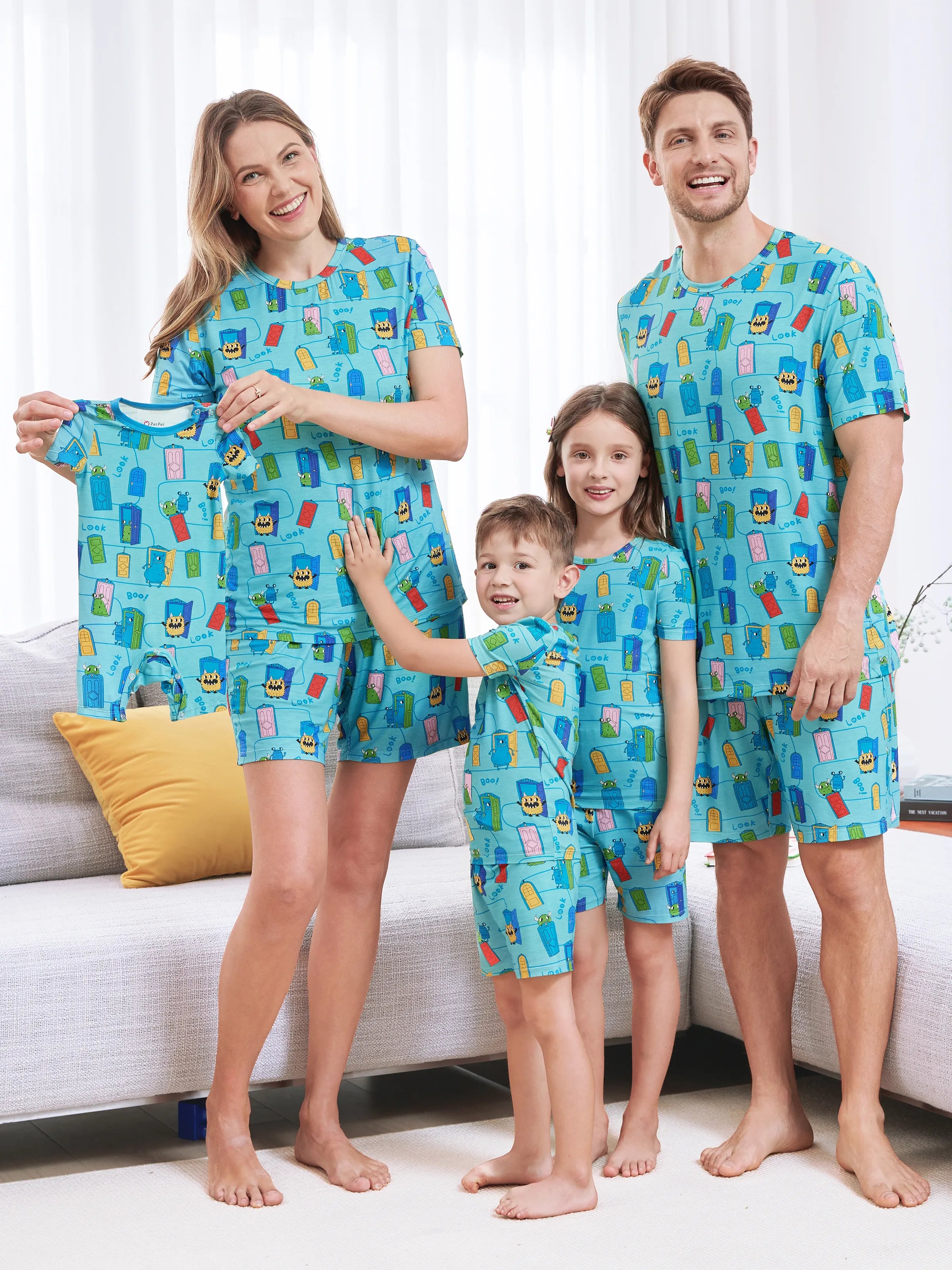 Bamboo Family Pajamas Cartoon Print Short-sleeve Matching Pajama set ( Snug-Fitting for Children ) Green