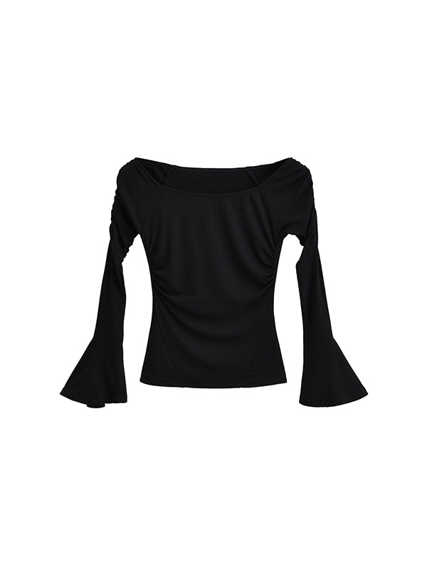 Pleated Solid Color Flared Sleeves Long Sleeves Boat Neck T-Shirts Tops