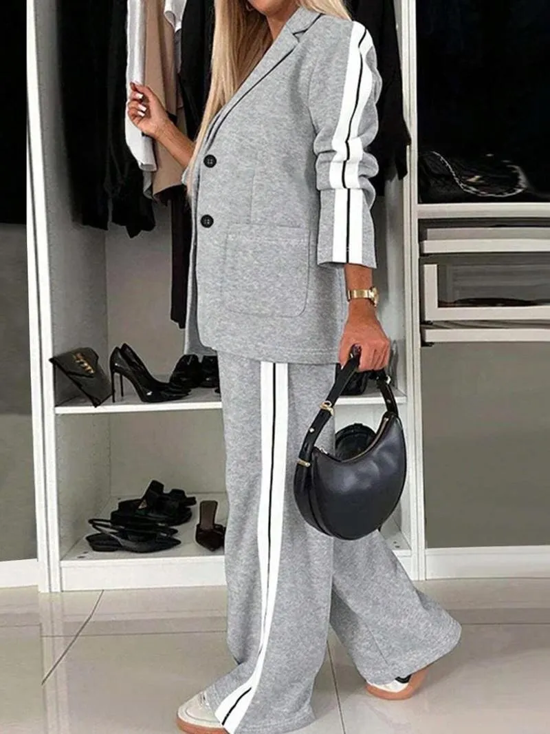 Women's Striped Print Blazer Jacket & Wide Leg Pants Set