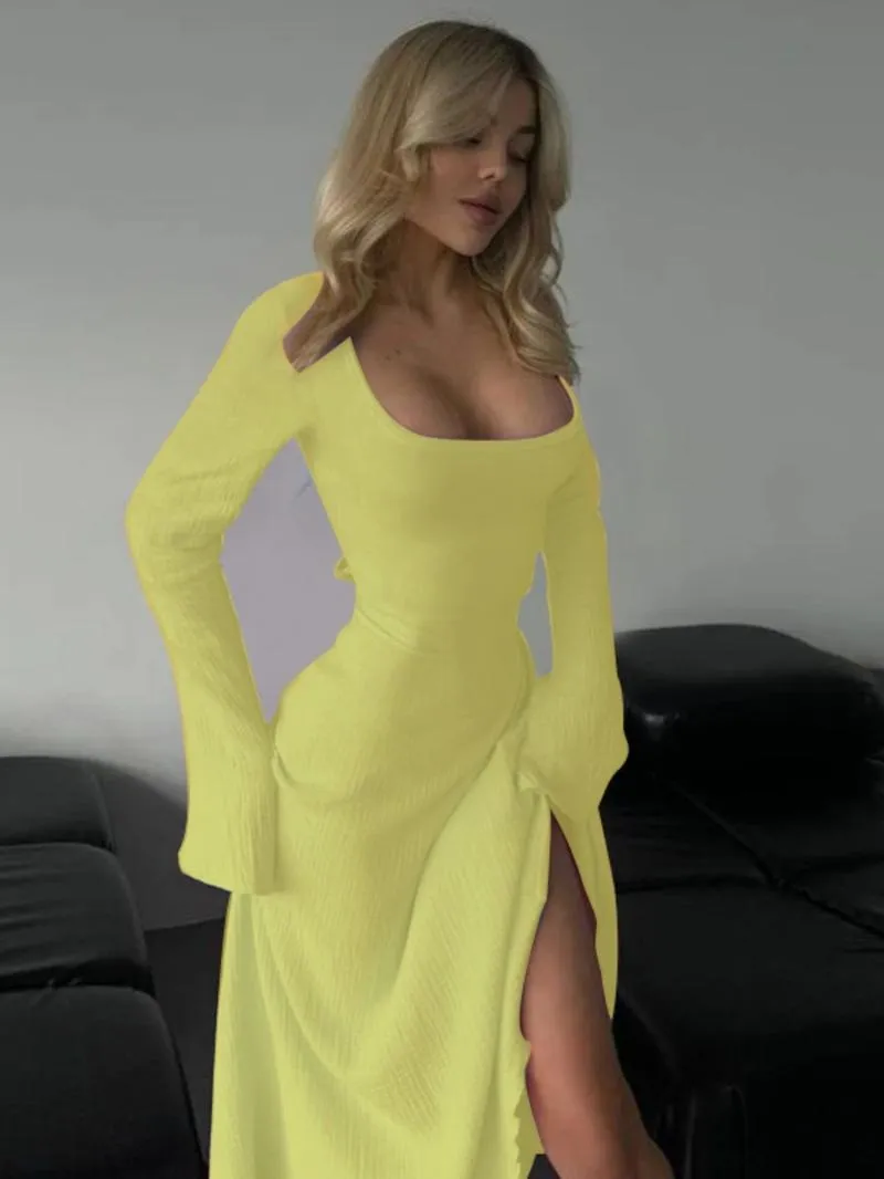 Women's Plain Lace Up Tie Back Flounce Sleeve Dress