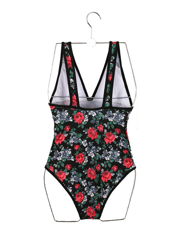 Deep V-Neck Floral Print Backless One-Piece Swimwear