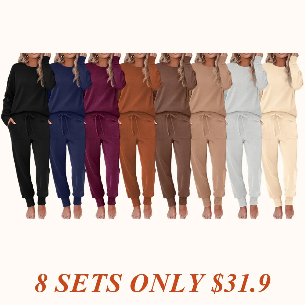 Women's Long Sleeve Knit Loungewear Set Jogger Pants Outfit