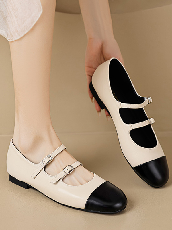 Belt Buckle Round-Toe Split-Joint Mary Janes Flat Shoes