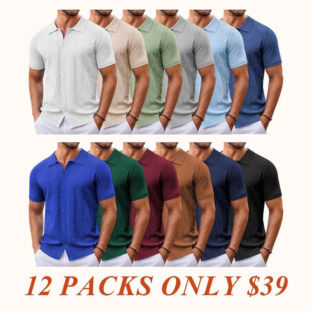 Mens Knit Button Down Shirt Short Sleeve Summer Casual Shirts Vintage Beach Vacation Shirts