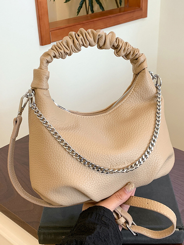 Chains Pleated Solid Color Zipper Handbags Crossbody Bags