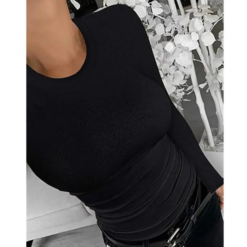 Women Long Sleeve Stretch Slim Round Neck Ribbed Basic Top