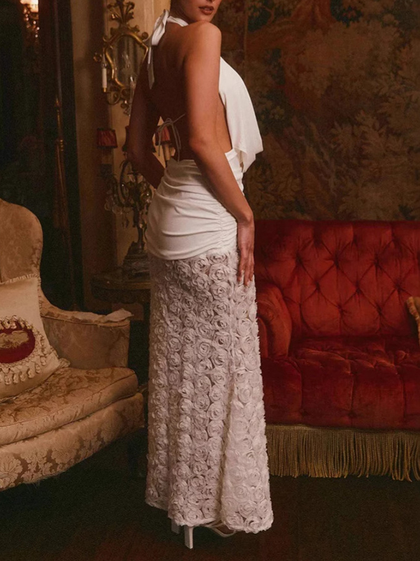 3D Flower Mesh Splicing Sleeveless Halterneck Sexy Memaid Maxi Dresses