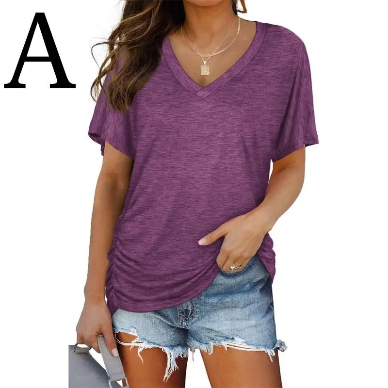 Womens Short Sleeve V Neck Dolman Tops with Side Shirring Loose Fit Shirts