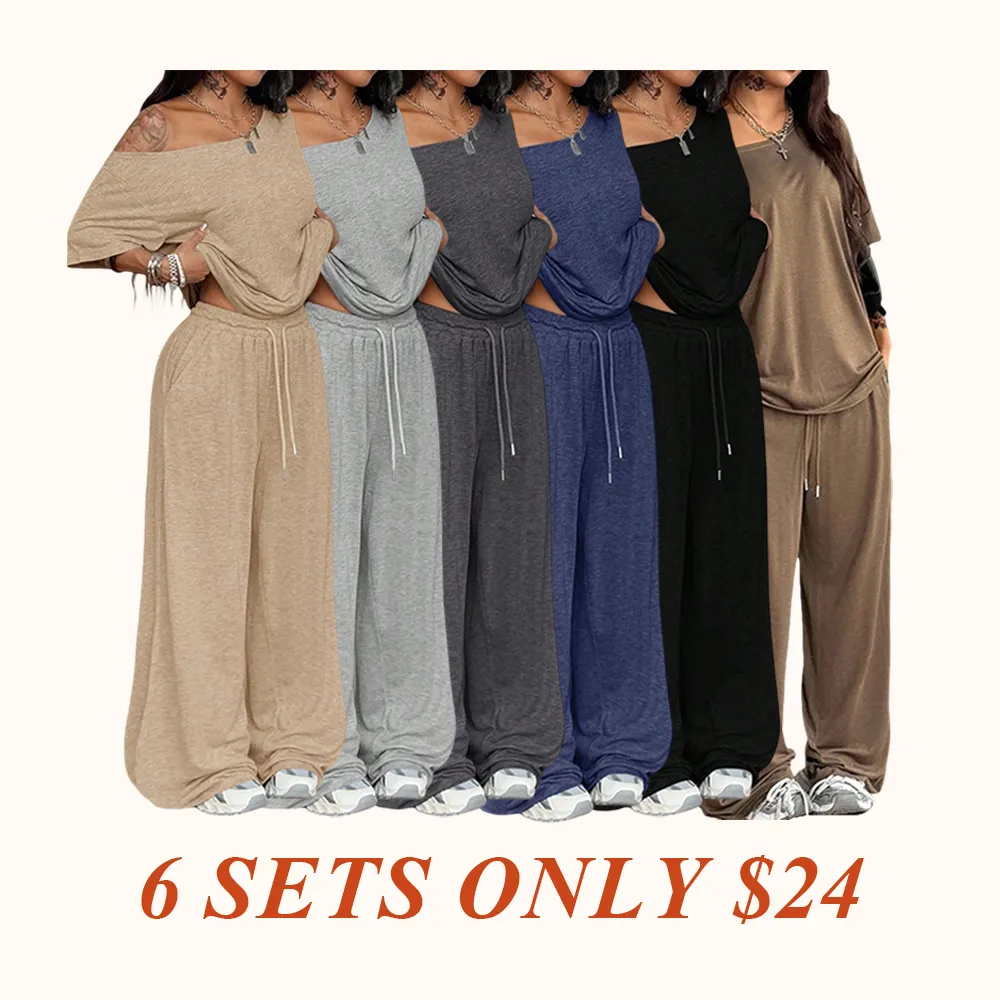 Women's Casual Solid Color Sport Two-Piece Set, Loose Long Pants & Wide Leg Slant Neck Pant Suit