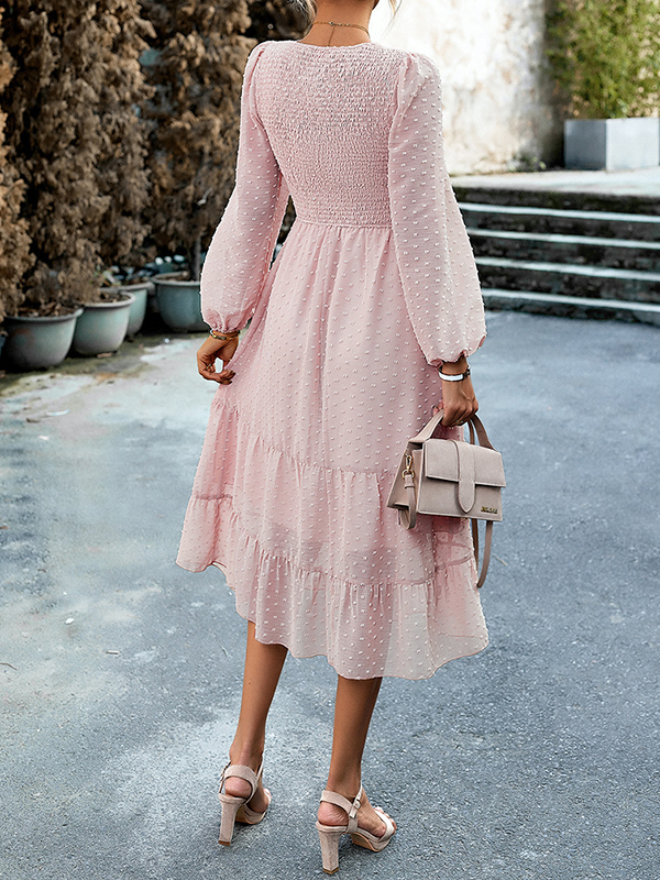 Elasticity Jacquard Solid Color Split-Joint A-Line Bishop Sleeve Round-Neck Midi Dresses