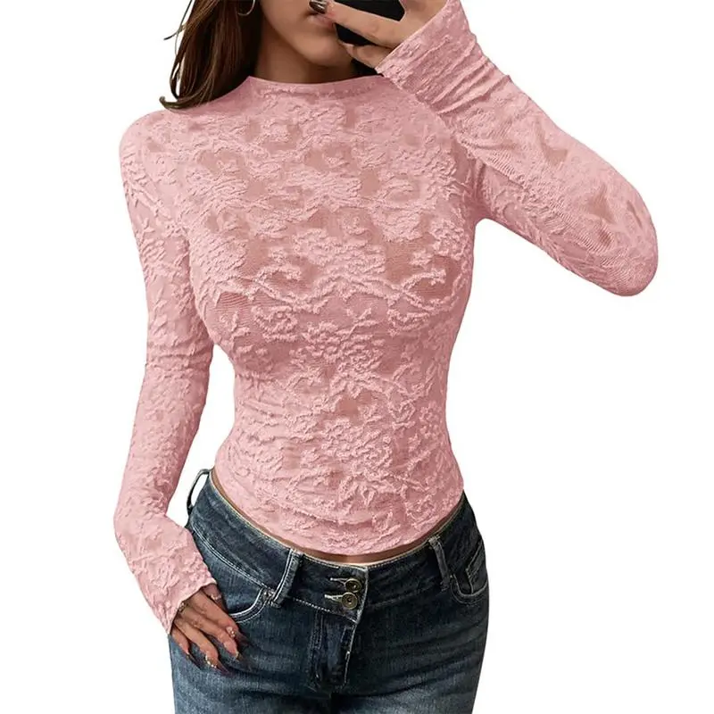 Mesh Long Sleeve Tops for Women Lace Sexy Sheer Tight See Through Crew Neck