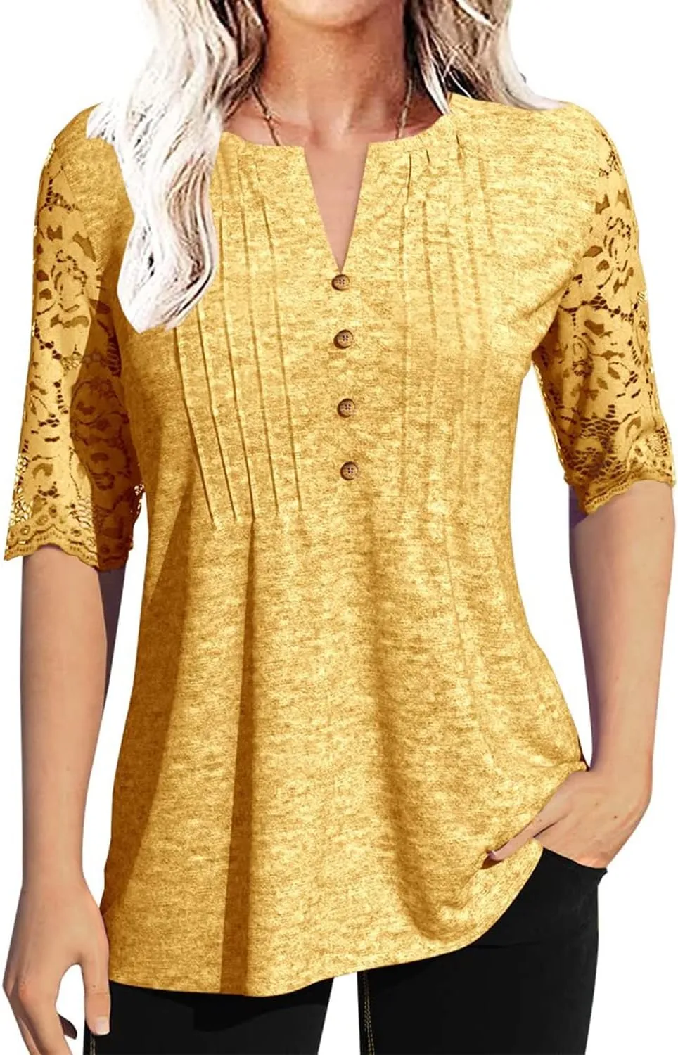 Women's Lace Sleeve Summer T-Shirt V-Neck Botton Up Basic Solid Color Casual Tunic Tops