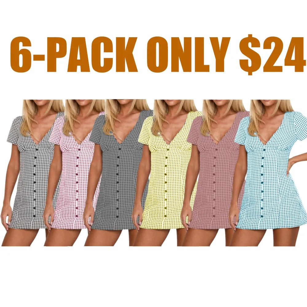 Women's Plaid Print Button Decor V Neck Shortsleeve (Just $4 Each!)