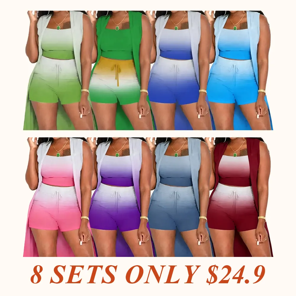 Women's Ombre 3-Piece Outfit Set | Cropped Vest, Shorts & Kimono Cover-Up, Summer Beach & Lounge Wear