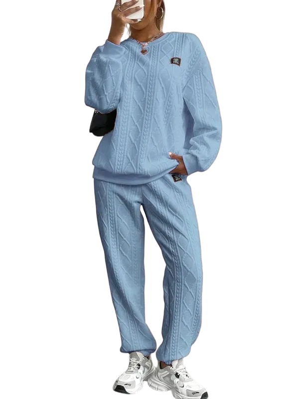 Women's Solid Patched Drop Shoulder Sweatshirt & Elastic Waist Pants Two-piece Set