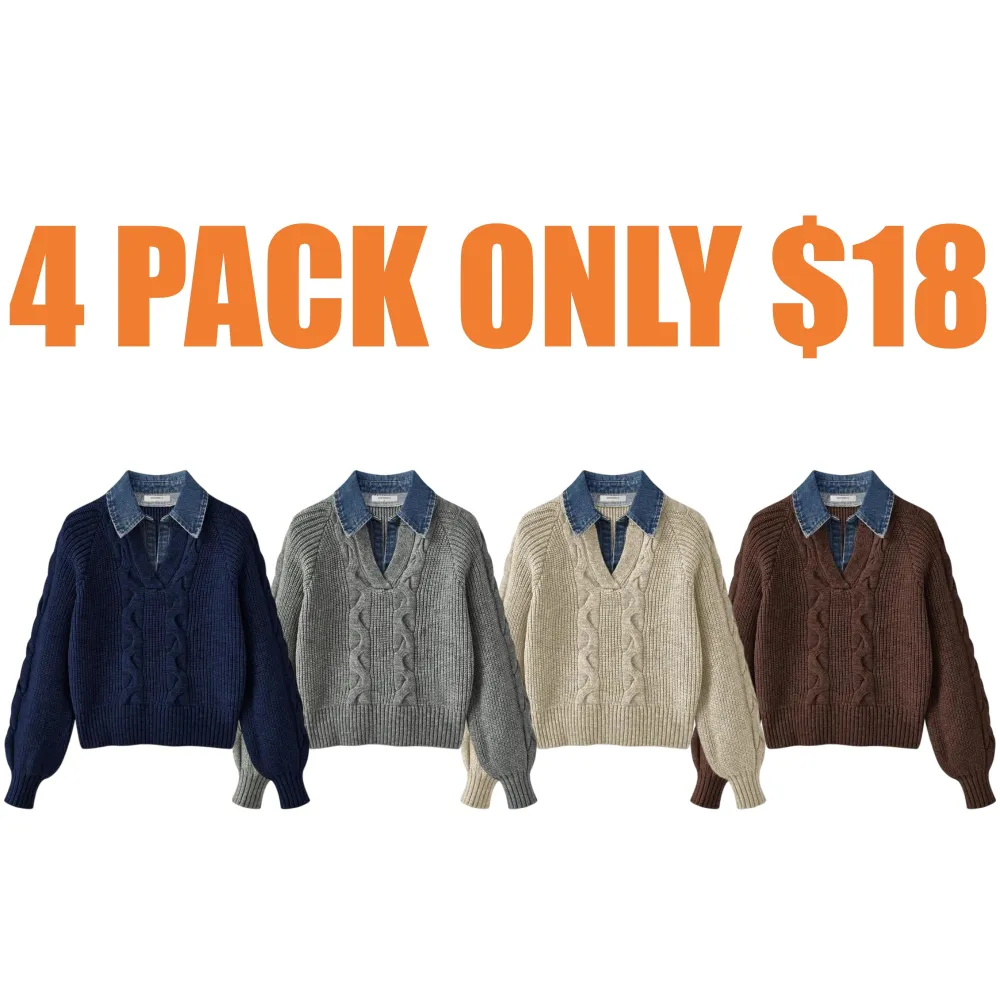 Denim Panel Ribbed Lapel Sweater