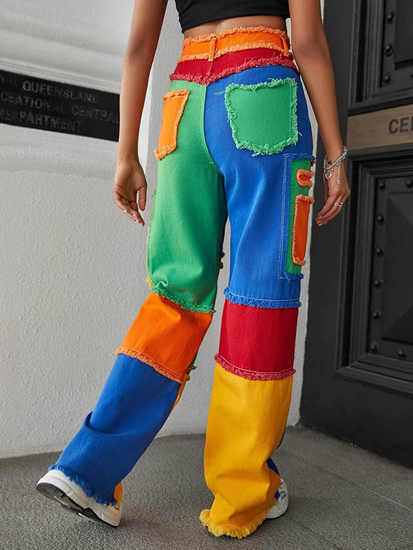 Buttoned Contrast Color Fringed Split-Joint High Waisted Loose Trousers Jean Pants Bottoms