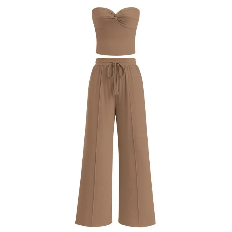 Two-Piece Sets For Women Summer Ribbed Strapless Twist Knot Tube Top Pants Set