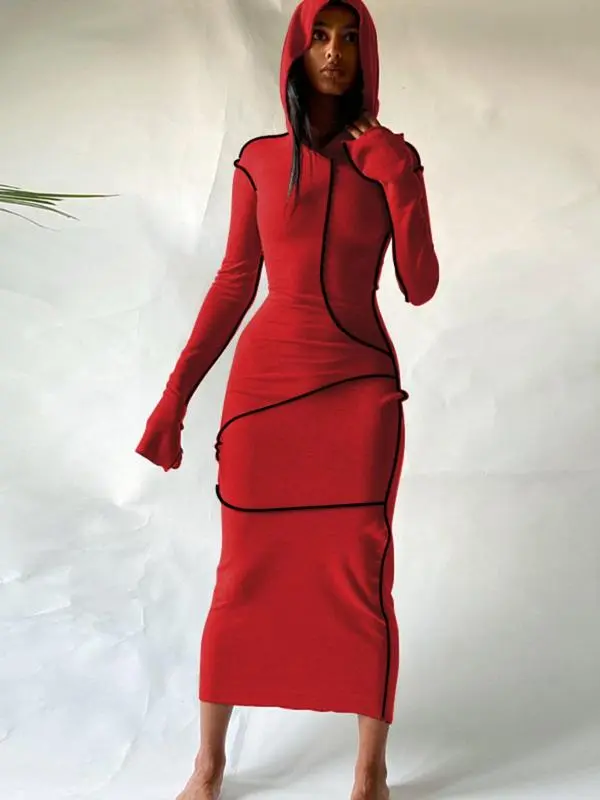 Women's Fall Winter Drop Shoulder Bodycon Hooded Dress