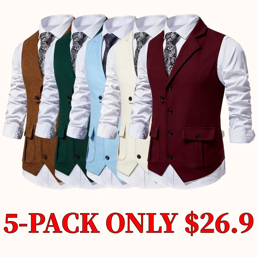 Men's solid color button-front vest with pockets