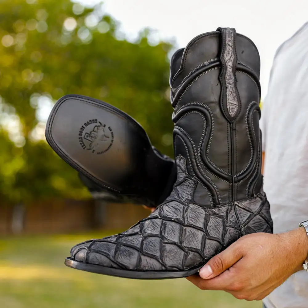 Meteorite Grey Rustic Pirarucu Leather Boots - Square Toe