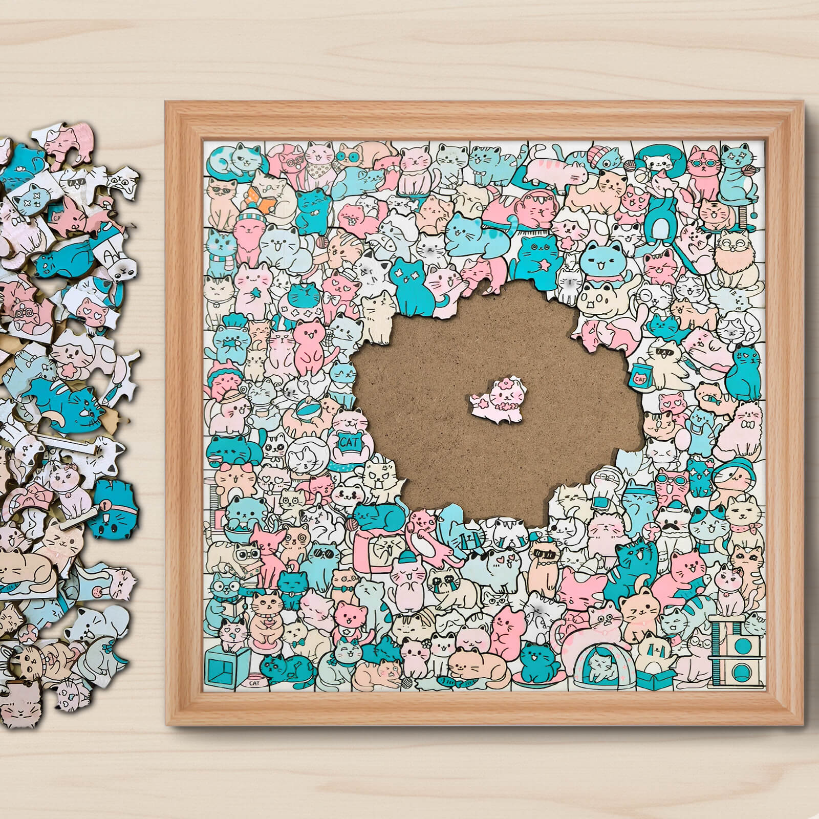 200 Pcs Morandi-Colored Lovely Cat Shaped Square Wooden Jigsaw Puzzle