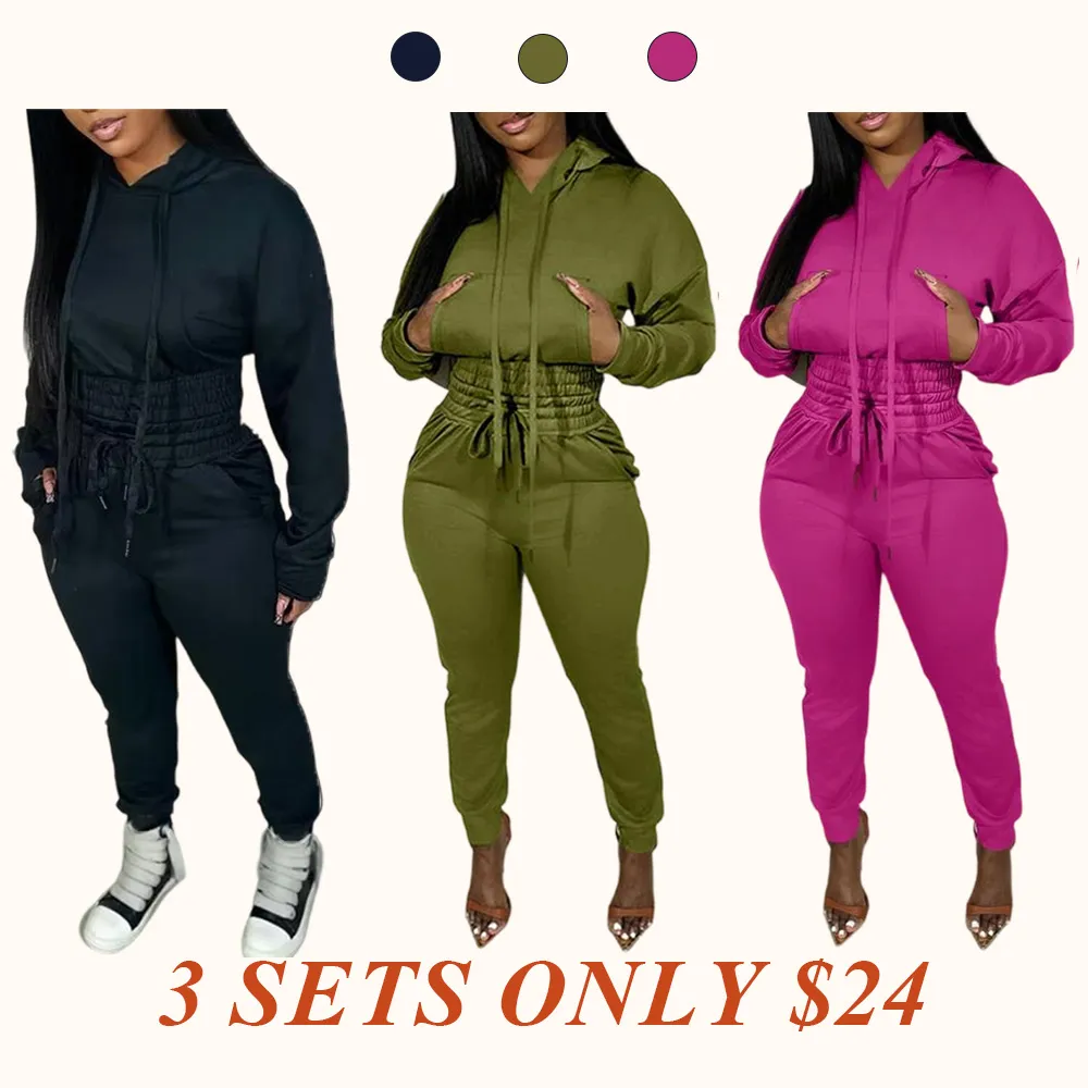 Womens 2 Piece Outfits Lounge Hoodie Shirred Waist Pocket Design Sweatshirt Cuffed Jogger Sweatpants Tracksuit