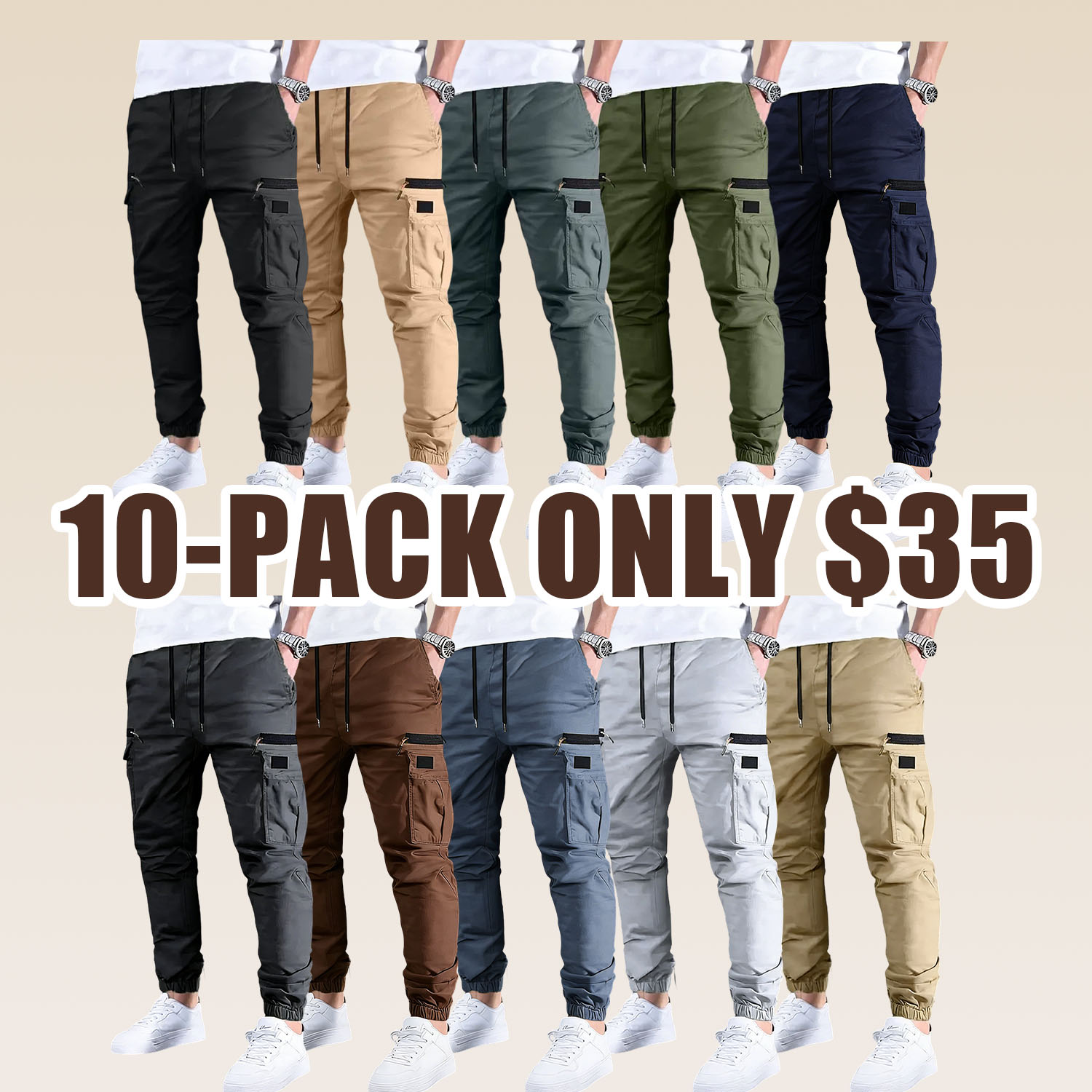 Men’s long cargo pants with a drawstring waist and multiple pockets